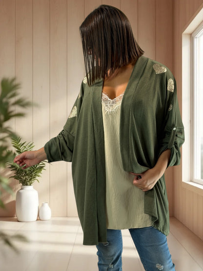 RITA - GILET OVERSIZE KAKI AVEC COEURS DORES JUSQU'A LA TAILLE 56