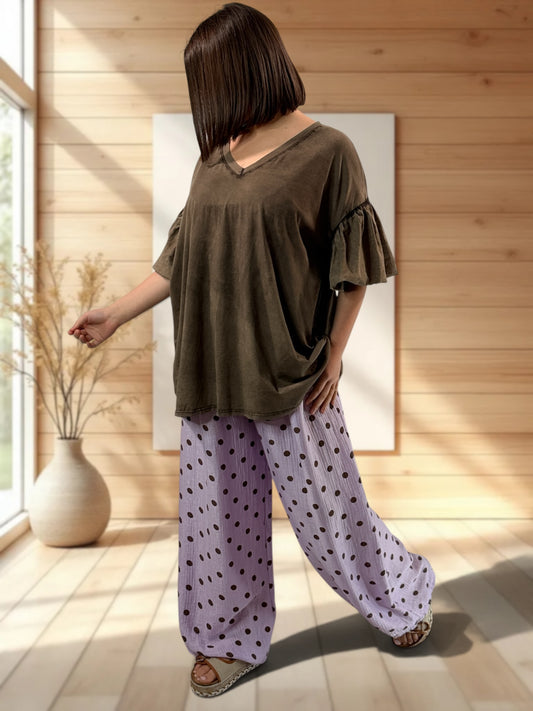 ALESSIO - PANTALON LILAS A POIS JUSQUA LA TAILLE 52