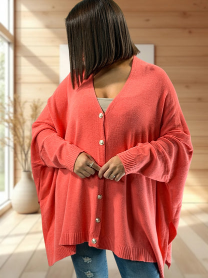 MATHILDE - GILET OVERSIZE CORAIL JUSQU'A LA TAILLE 56/58