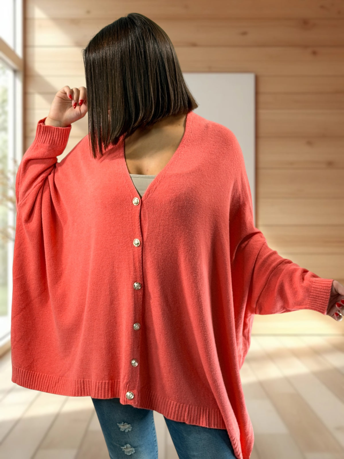 MATHILDE - GILET OVERSIZE CORAIL JUSQU'A LA TAILLE 56/58