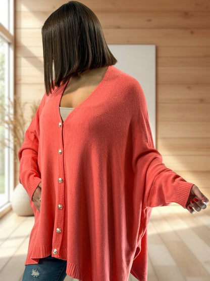 MATHILDE - GILET OVERSIZE CORAIL JUSQU'A LA TAILLE 56/58