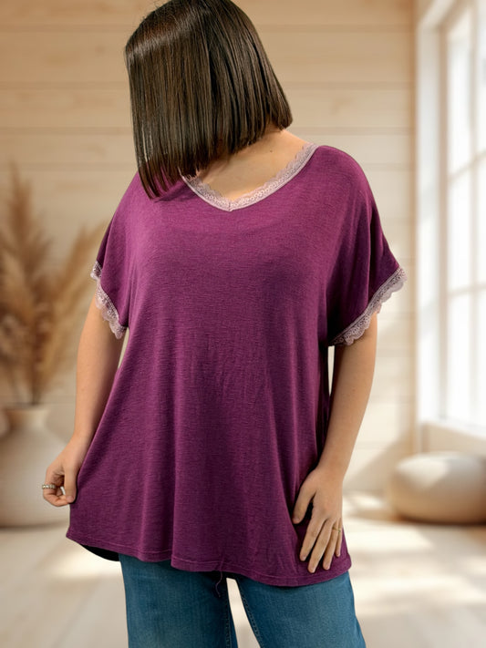 AMELIE - T-SHIRT PRUNE EN VISCOSE NOEUD AU DOS JUSQU'A LA TAILLE 52