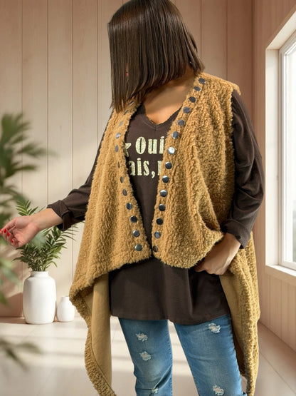 DOUDOU - GILET CAMEL EN MOUMOUTE JUSQU'A LA TAILLE 52/54