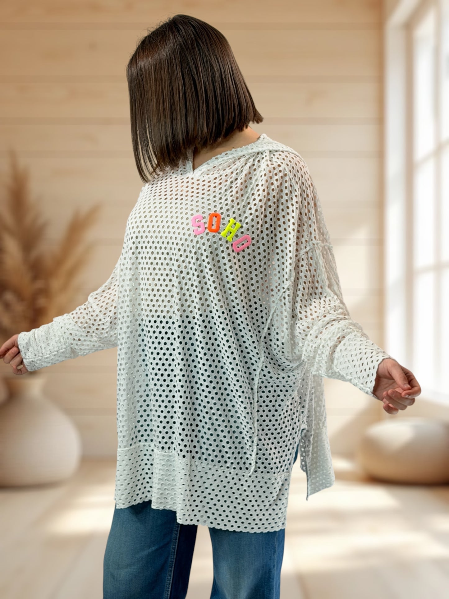 UMBERTO  - TUNIQUE OVERSIZE BLANCHE EN RESILLE JUSQU'A LA TAILLE 60
