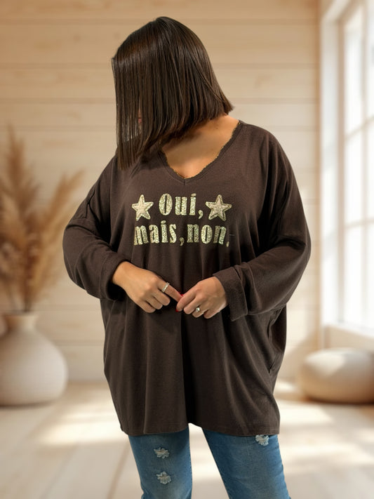 OUI MAIS NON - PULL MARRON EN MAILLE FLUIDE JUSQU'A LA TAILLE 56