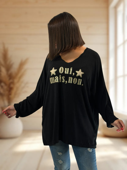 OUI MAIS NON - PULL NOIR EN MAILLE FLUIDE JUSQU'A LA TAILLE 56