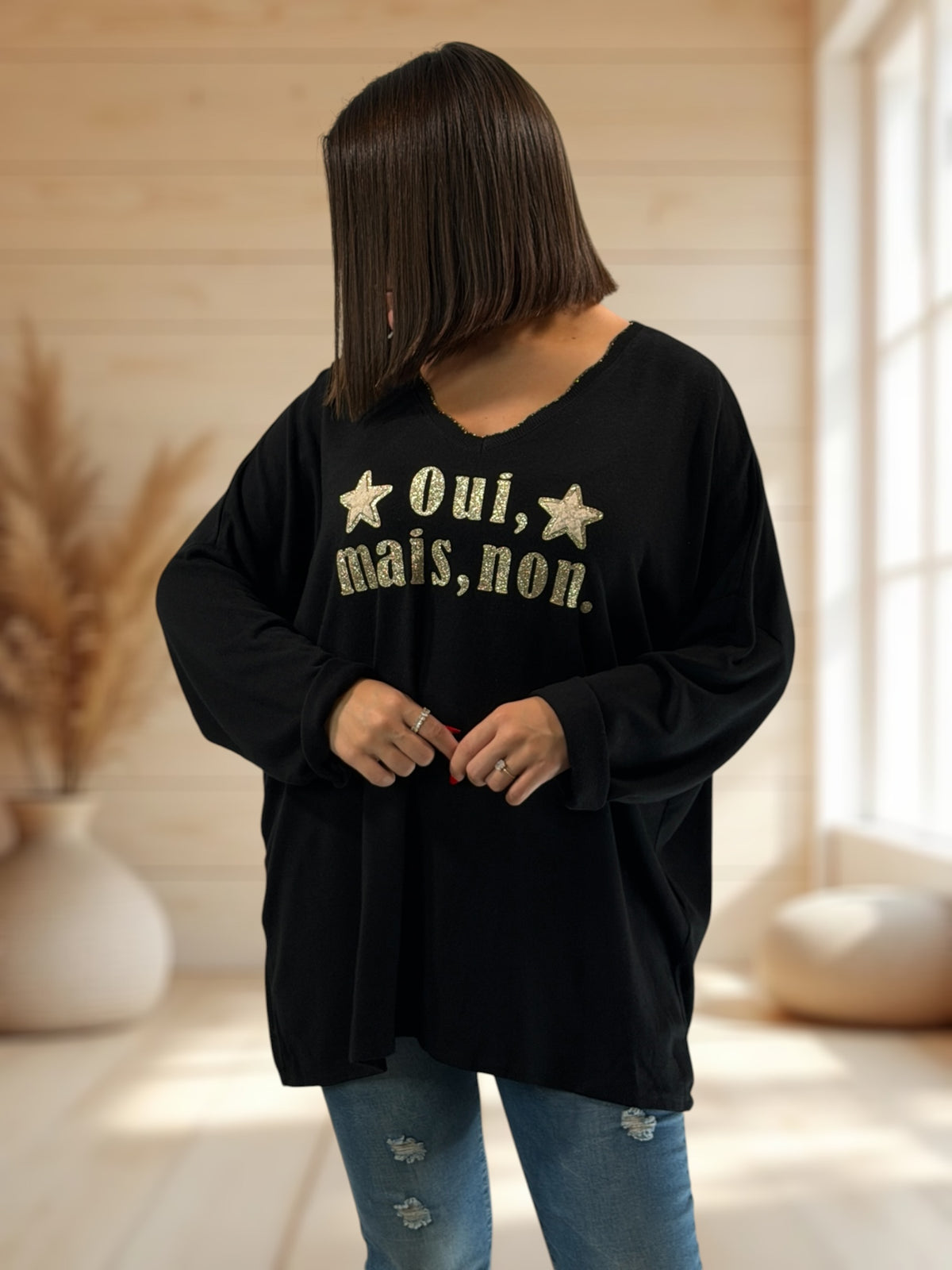 OUI MAIS NON - PULL NOIR EN MAILLE FLUIDE JUSQU'A LA TAILLE 56