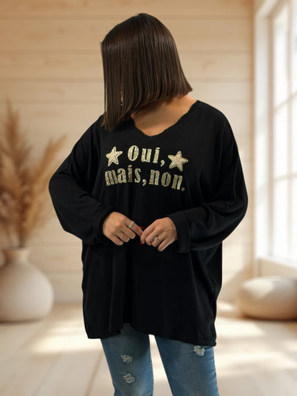 OUI MAIS NON - PULL NOIR EN MAILLE FLUIDE JUSQU'A LA TAILLE 56