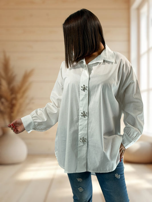 SUNDAY - CHEMISE OVERSIZE BLANCHE AVEC STRASS JUSQU'A LA TAILLE 52/54