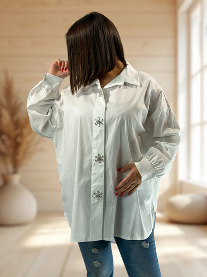 SUNDAY - CHEMISE OVERSIZE BLANCHE AVEC STRASS JUSQU'A LA TAILLE 52/54