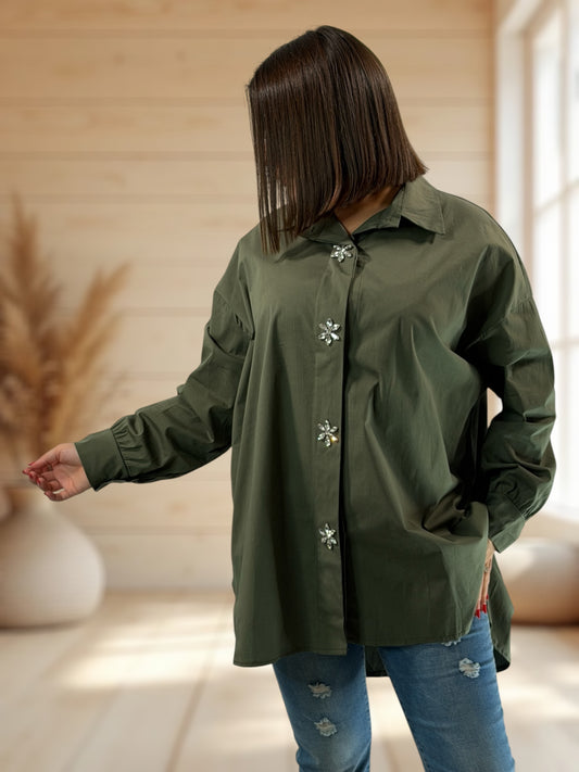 SUNDAY - CHEMISE OVERSIZE KAKI AVEC STRASS JUSQU'A LA TAILLE 52/54