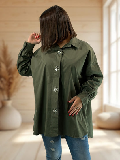 SUNDAY - CHEMISE OVERSIZE KAKI AVEC STRASS JUSQU'A LA TAILLE 52/54