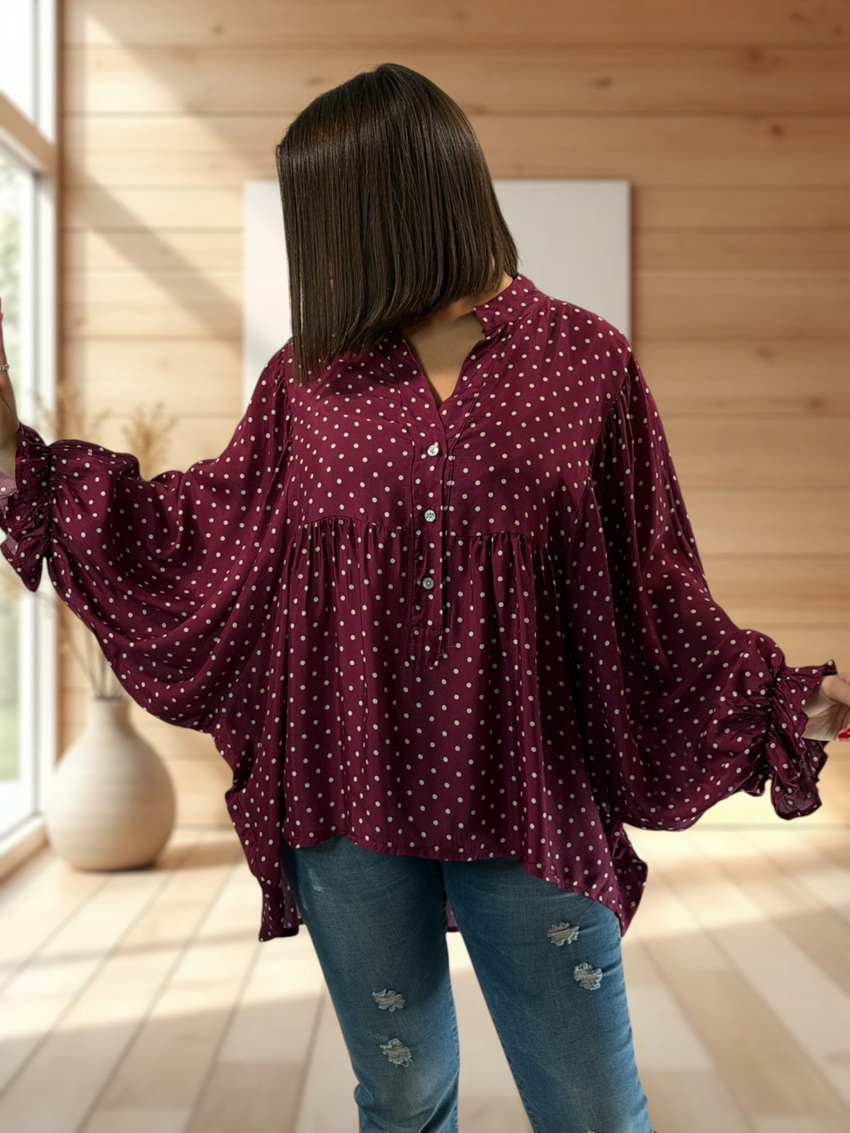 DONATA - BLOUSE BORDEAUX AVEC SOIE JUSQU'A LA TAILLE 52/54