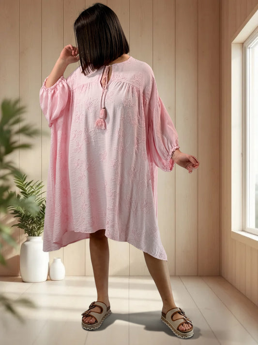 NATHY - ROBE ROSE BRODEE JUSQU'A LA TAILLE 56