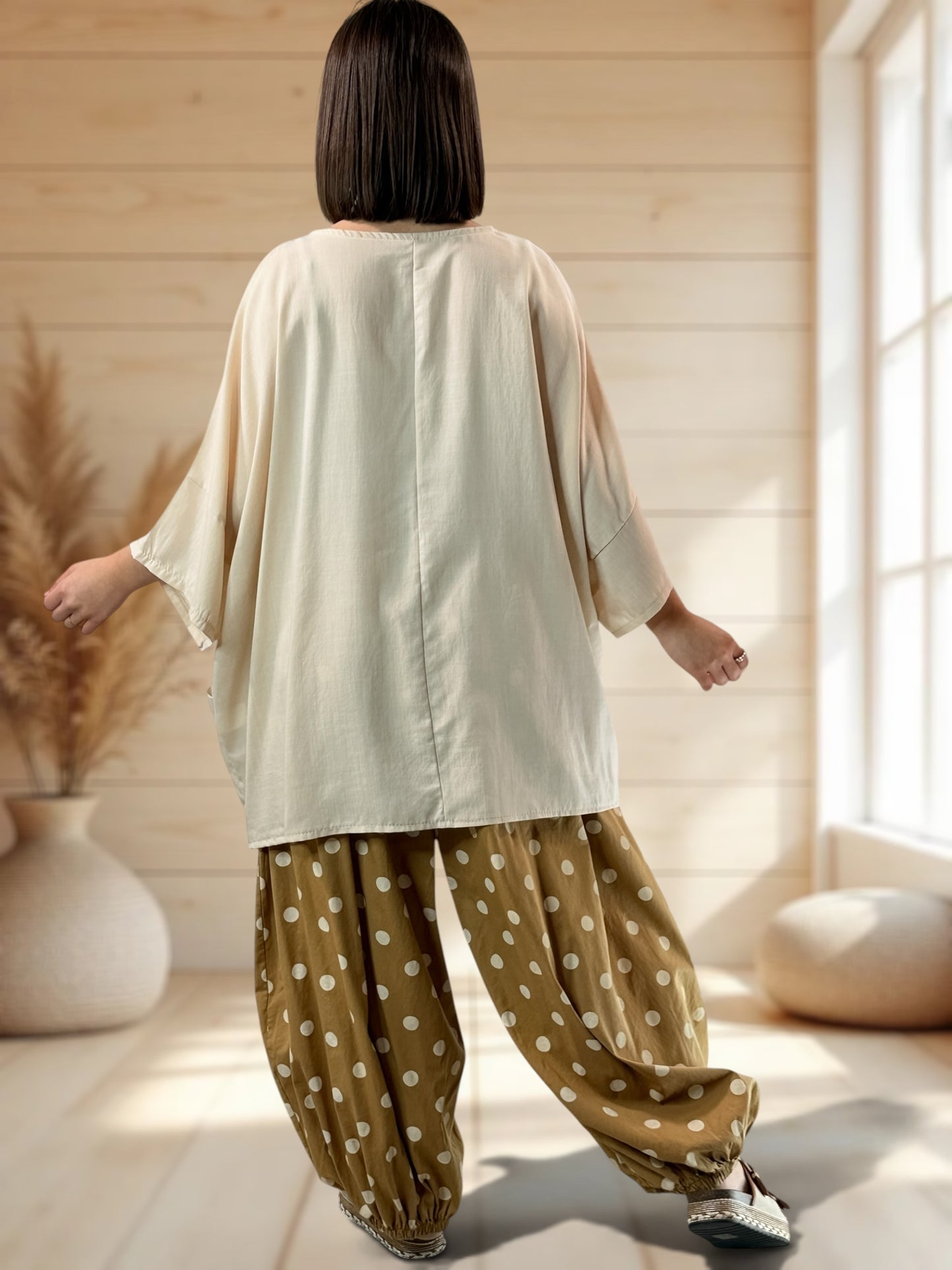 GABRIEL - PANTALON EN COTON CAMEL A POIS JUSQU'A LA TAILLE 54/56