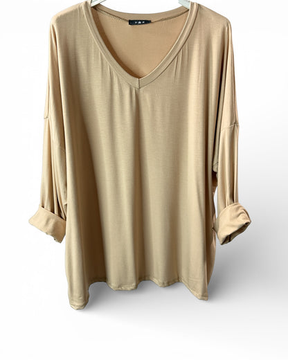 BASTIEN - T-SHIRT EN VISCOSE CAMEL MANCHES LONGUES JUSQU'A LA TAILLE 52/54