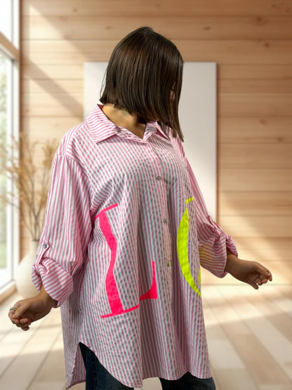 KAREN - CHEMISE OVERSIZE ROSE A RAYURE JUSQU'A LA TAILLE 54