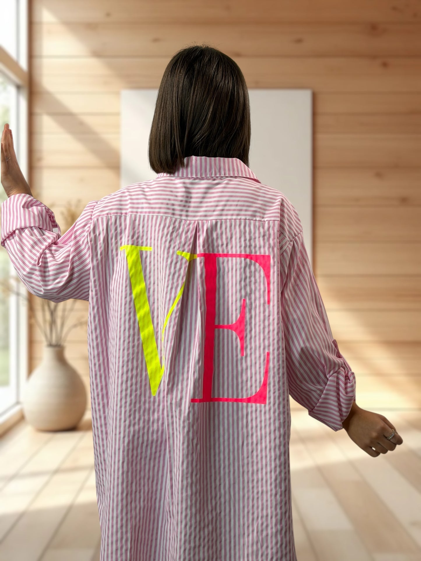 KAREN - CHEMISE OVERSIZE ROSE A RAYURE JUSQU'A LA TAILLE 54
