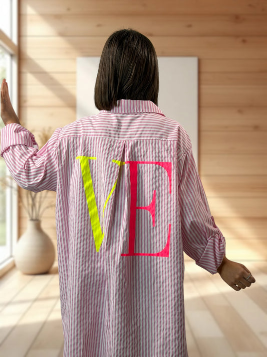 KAREN - CHEMISE OVERSIZE ROSE A RAYURE JUSQU'A LA TAILLE 54