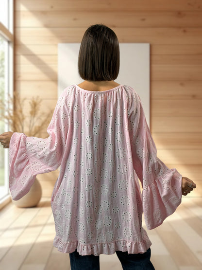 PENELOPE  - TUNIQUE ROSE EN BRODERIE ANGLAISE JUSQU'A LA TAILLE 56
