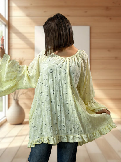 PENELOPE  - TUNIQUE JAUNE EN BRODERIE ANGLAISE JUSQU'A LA TAILLE 56