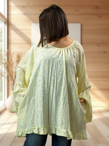 PENELOPE  - TUNIQUE JAUNE EN BRODERIE ANGLAISE JUSQU'A LA TAILLE 56