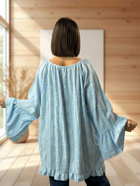 PENELOPE  - TUNIQUE BLEUE EN BRODERIE ANGLAISE JUSQU'A LA TAILLE 56