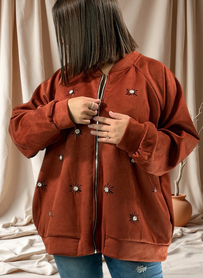 ANASTATIA - VESTE ROUILLE EFFET DAIM AVEC STRASS JUSQU'A LA TAILLE 52/54