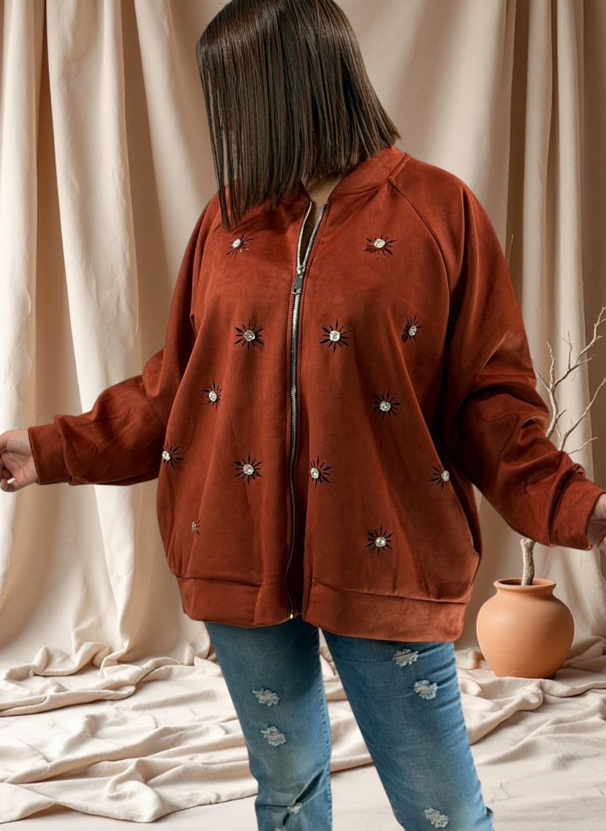 ANASTATIA - VESTE ROUILLE EFFET DAIM AVEC STRASS JUSQU'A LA TAILLE 52/54