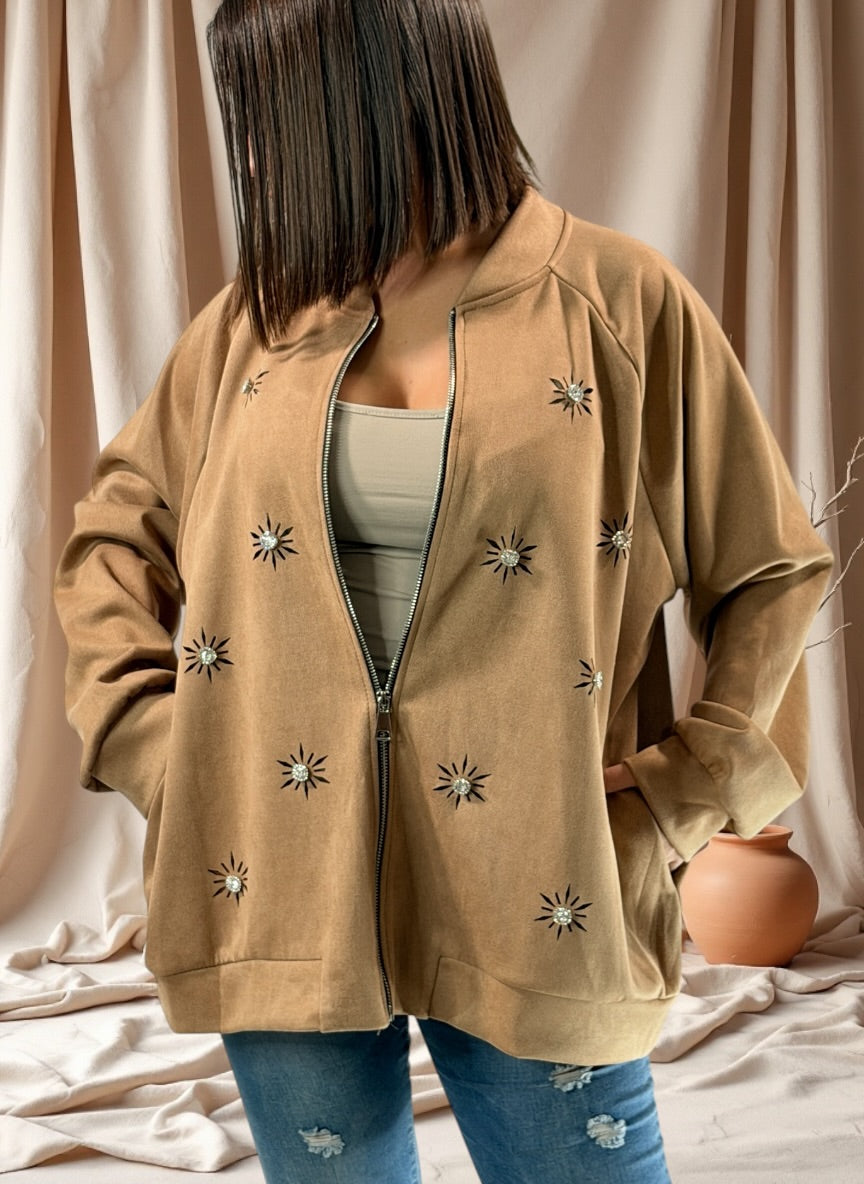 ANASTATIA - VESTE CAMEL EFFET DAIM AVEC STRASS JUSQU'A LA TAILLE 52/54