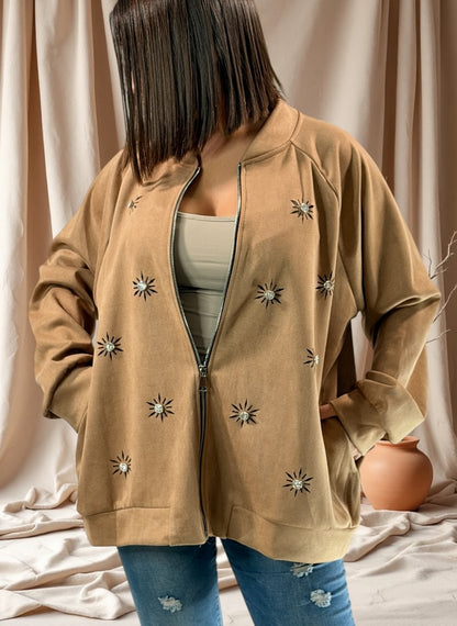 ANASTATIA - VESTE CAMEL EFFET DAIM AVEC STRASS JUSQU'A LA TAILLE 52/54