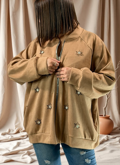 ANASTATIA - VESTE CAMEL EFFET DAIM AVEC STRASS JUSQU'A LA TAILLE 52/54