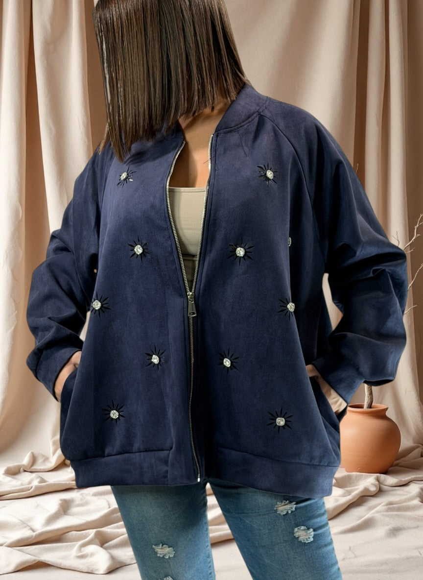 ANASTATIA - VESTE MARINE EFFET DAIM AVEC STRASS JUSQU'A LA TAILLE 52/54