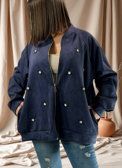 ANASTATIA - VESTE MARINE EFFET DAIM AVEC STRASS JUSQU'A LA TAILLE 52/54