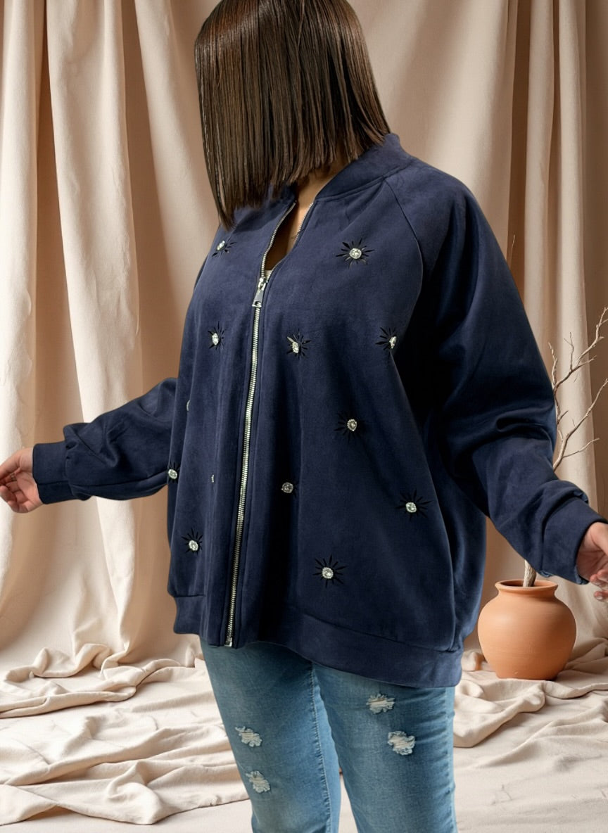 ANASTATIA - VESTE MARINE EFFET DAIM AVEC STRASS JUSQU'A LA TAILLE 52/54