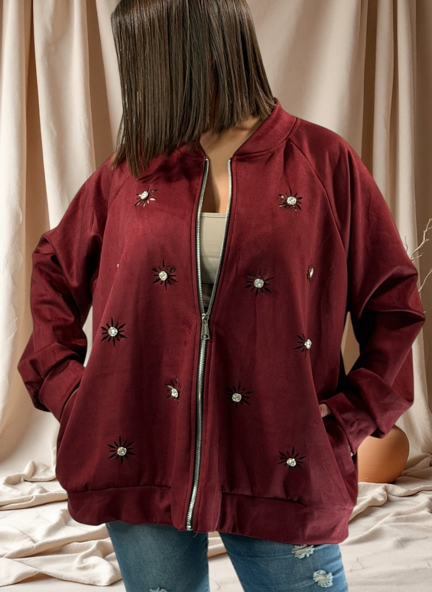 ANASTATIA - VESTE BORDEAUX EFFET DAIM AVEC STRASS JUSQU'A LA TAILLE 52/54