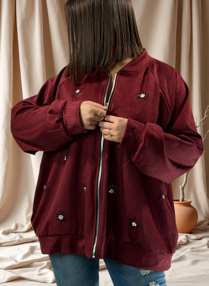 ANASTATIA - VESTE BORDEAUX EFFET DAIM AVEC STRASS JUSQU'A LA TAILLE 52/54