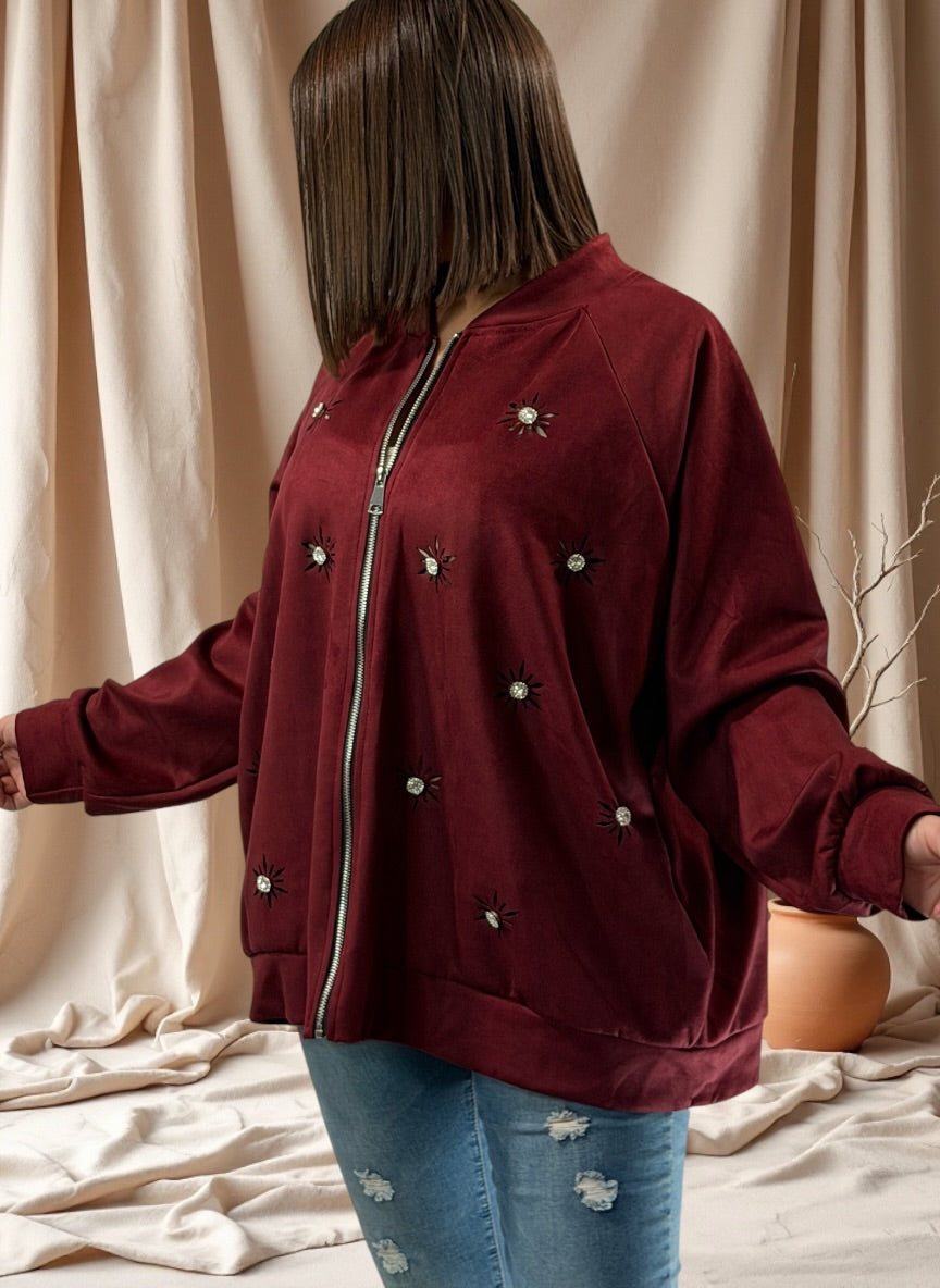 ANASTATIA - VESTE BORDEAUX EFFET DAIM AVEC STRASS JUSQU'A LA TAILLE 52/54