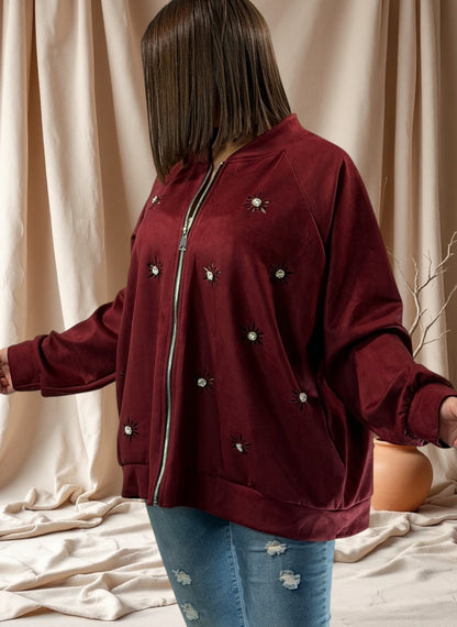 ANASTATIA - VESTE BORDEAUX EFFET DAIM AVEC STRASS JUSQU'A LA TAILLE 52/54