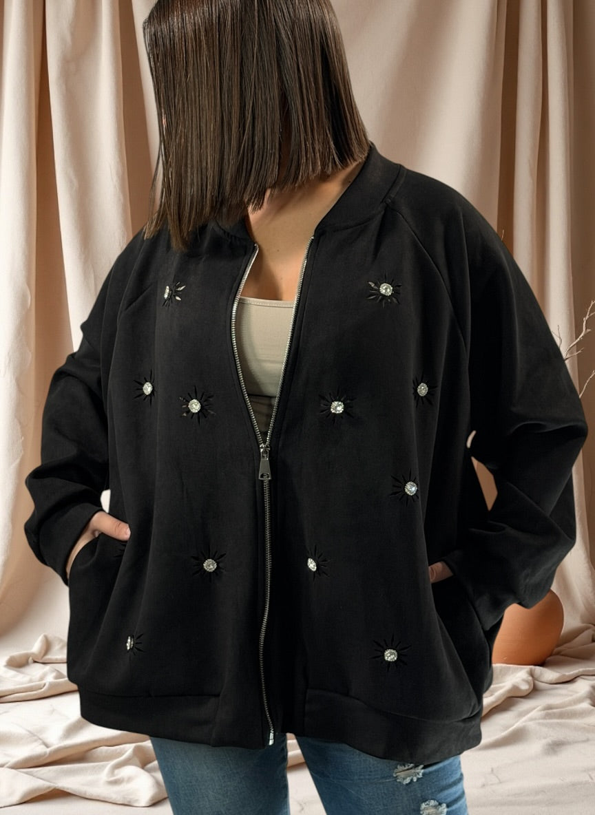 ANASTATIA - VESTE NOIRE EFFET DAIM AVEC STRASS JUSQU'A LA TAILLE 52/54