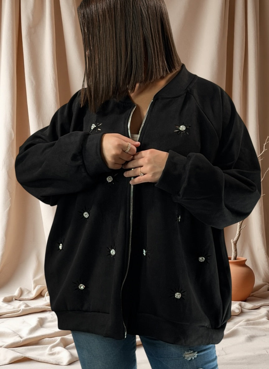ANASTATIA - VESTE NOIRE EFFET DAIM AVEC STRASS JUSQU'A LA TAILLE 52/54