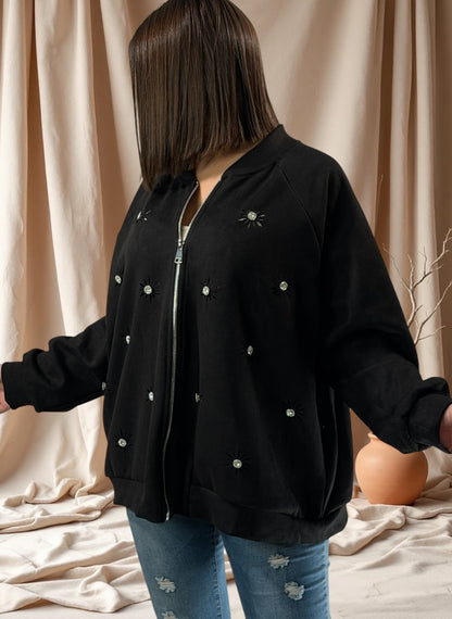 ANASTATIA - VESTE NOIRE EFFET DAIM AVEC STRASS JUSQU'A LA TAILLE 52/54