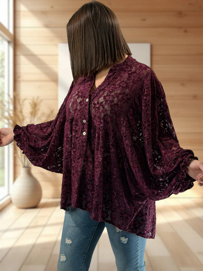 MIRELLA - BLOUSE BORDEAUX EN DENTELLE JUSQU'A LA TAILLE 52/54
