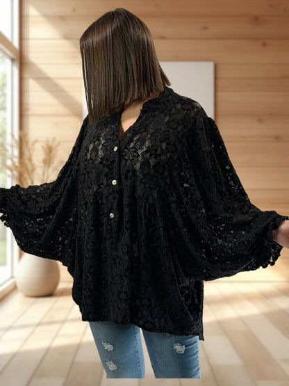 MIRELLA - BLOUSE NOIRE EN DENTELLE JUSQU'A LA TAILLE 52/54