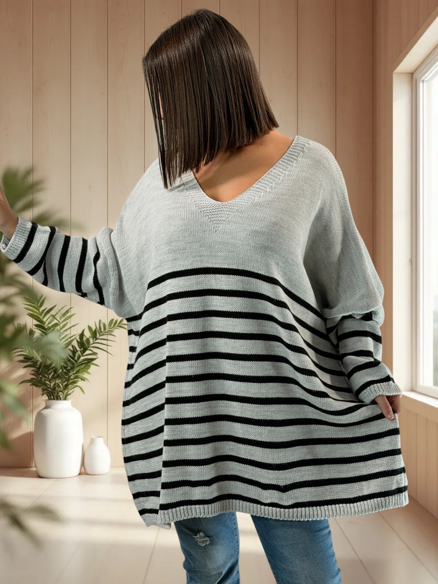 MANU - PULL MARINIERE GRIS JUSQU'A LA TAILLE 56/58