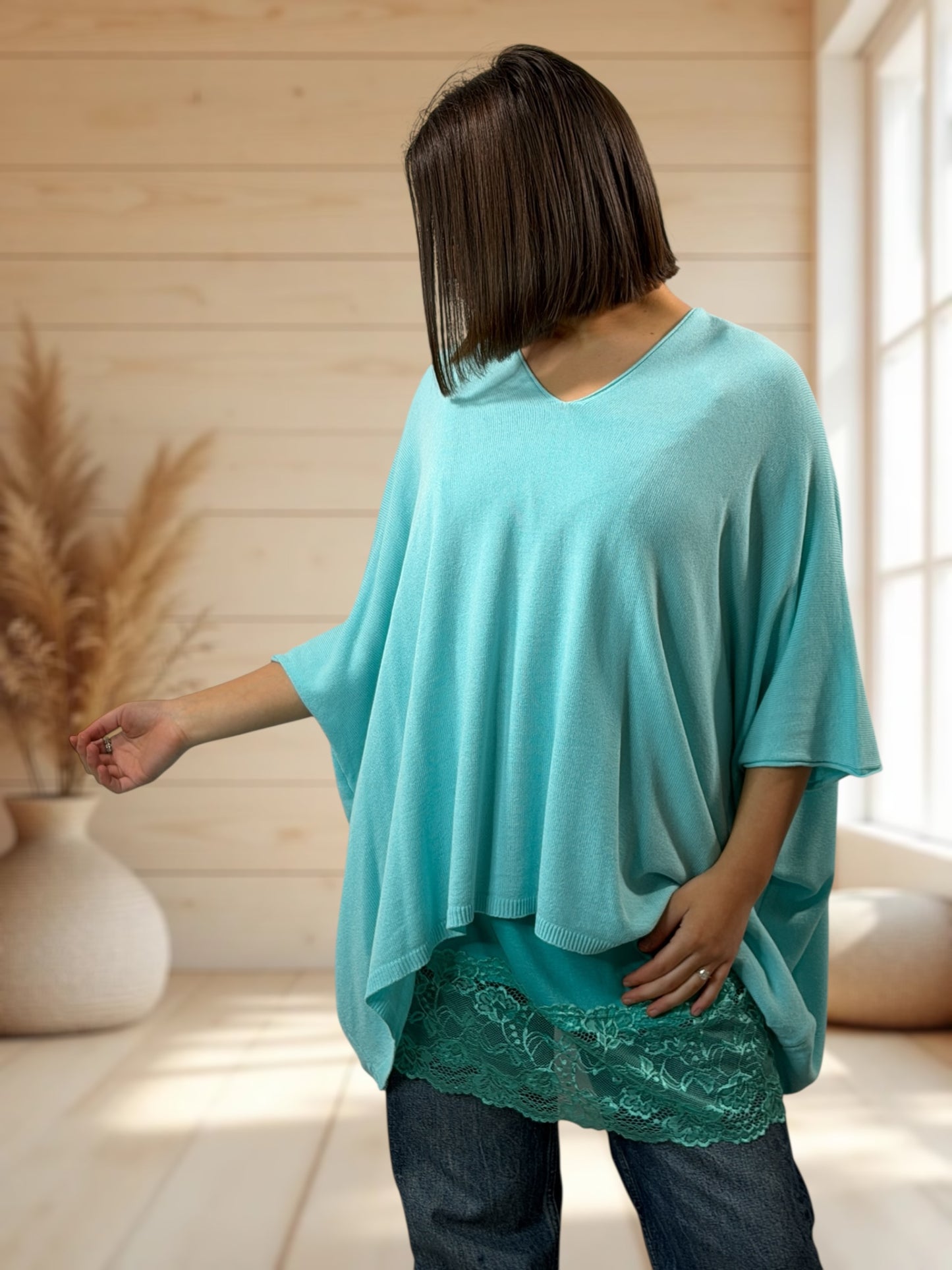 MERINGUE - PULL TURQUOISE EN MAILLE FLUIDE JUSQU'A LA TAILLE 56/58