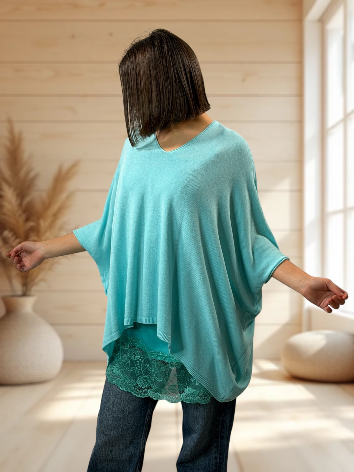 MERINGUE - PULL TURQUOISE EN MAILLE FLUIDE JUSQU'A LA TAILLE 56/58