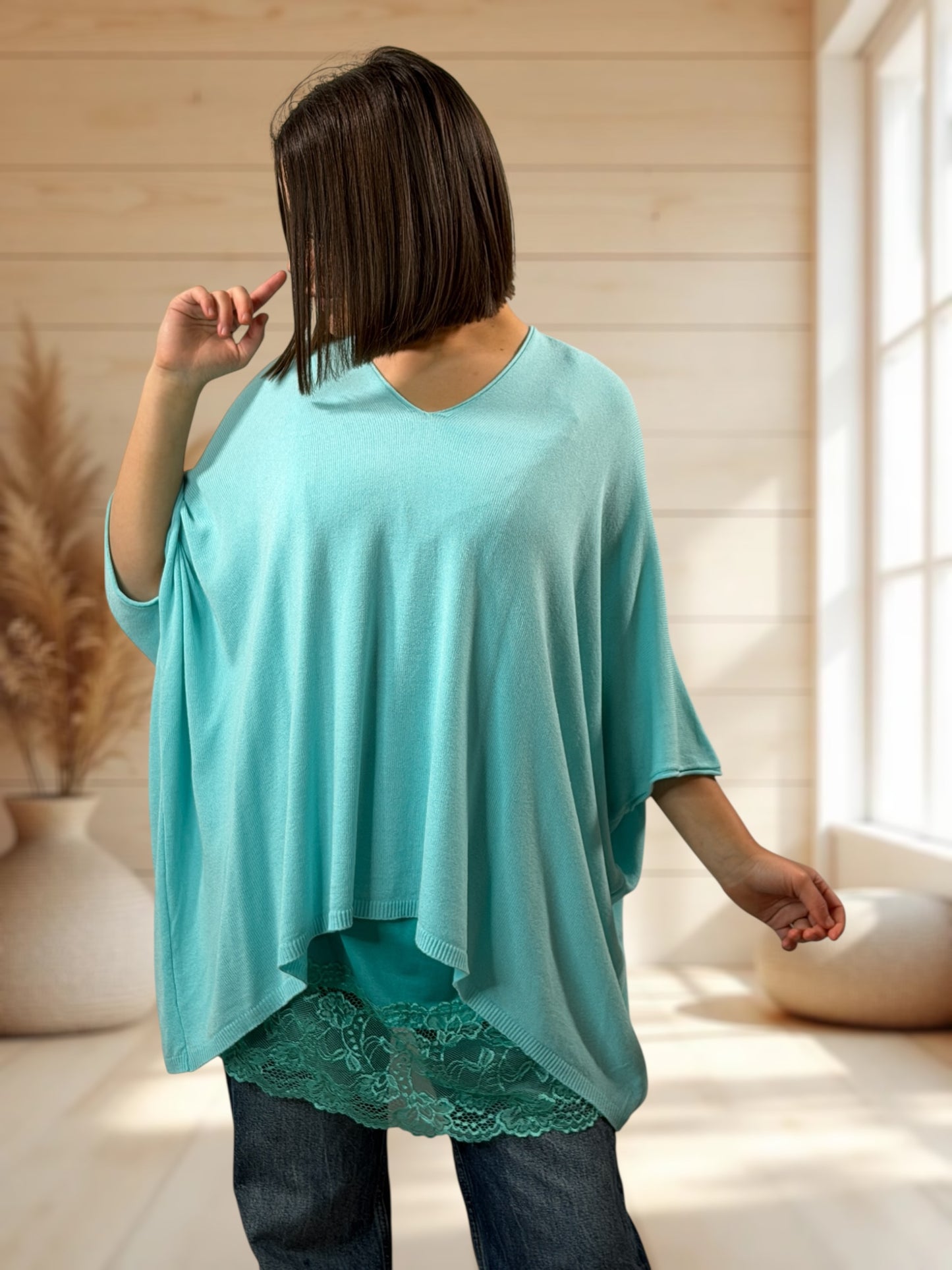 MERINGUE - PULL TURQUOISE EN MAILLE FLUIDE JUSQU'A LA TAILLE 56/58