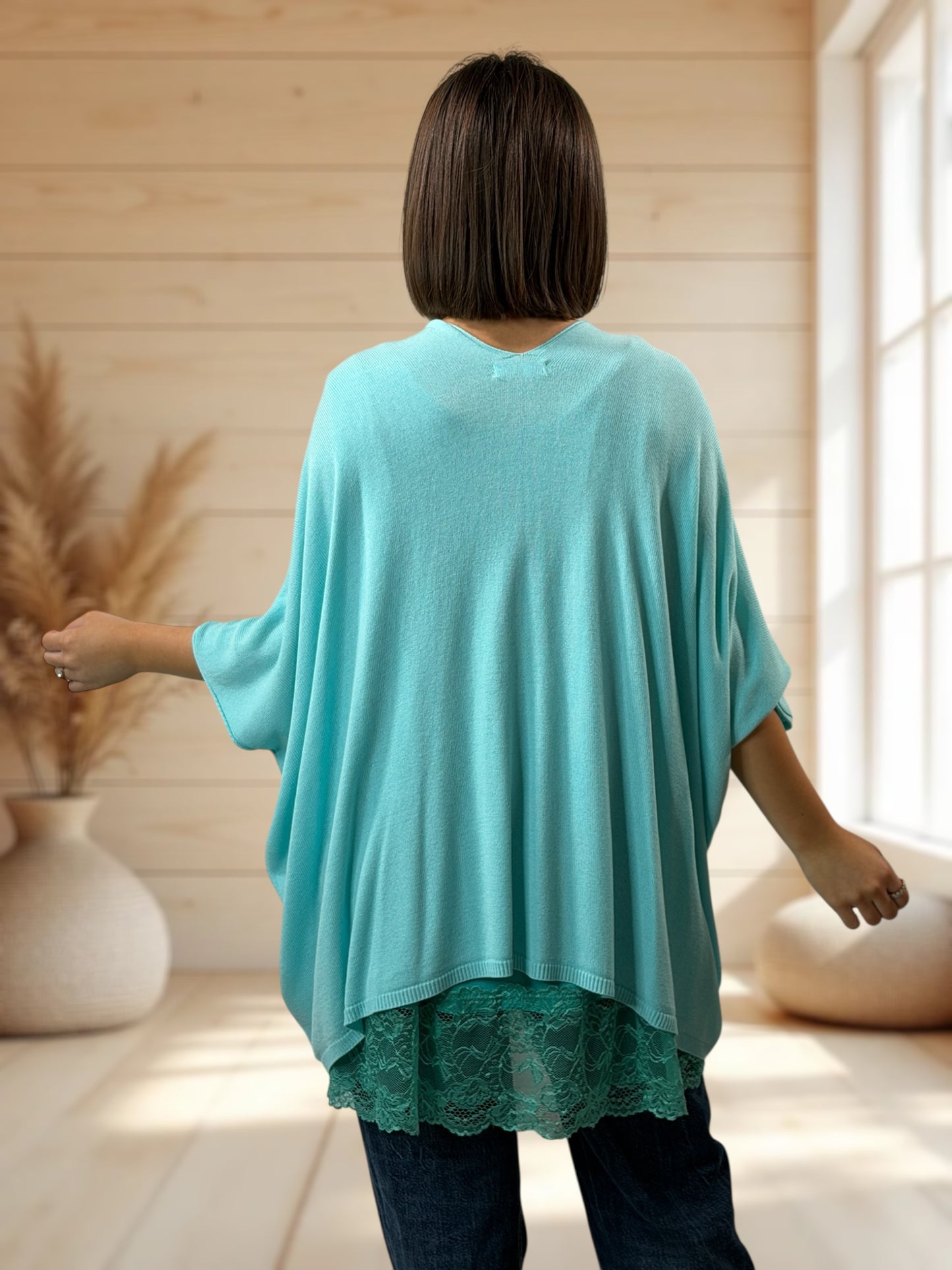 MERINGUE - PULL TURQUOISE EN MAILLE FLUIDE JUSQU'A LA TAILLE 56/58