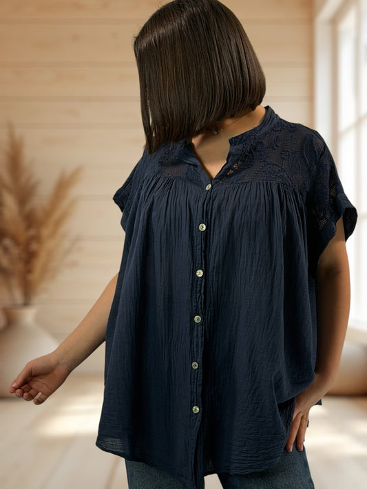 DANITA - BLOUSE MARINE EN COTON JUSQU'A LA TAILLE 54